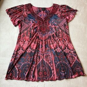 Covington Y2K 90s Boho Embellished Short Sleeve Blouse Small